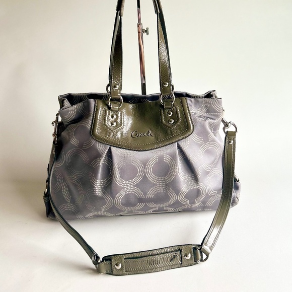 Coach Grey Canvas Patent Leather Handbag Shoulder Bag - Picture 6 of 16
